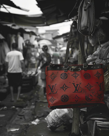 Woman handbag on street market in Bangkok, Thailand. Black and whiteの素材