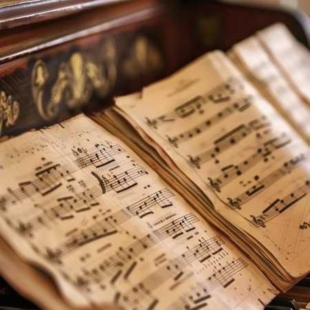 Musical notes on the old piano, close-up, selective focusの素材