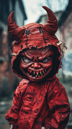 Portrait of a child dressed as a devil in the city.の素材