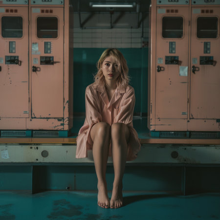 Portrait of a young girl in a dressing gown in a locker roomの素材