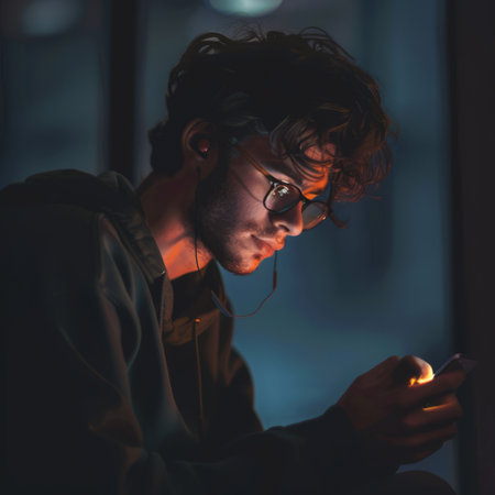 Young man using mobile phone at night in dark room. Technology concept.の素材