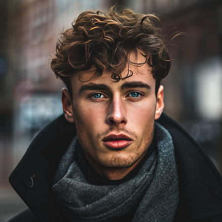 Portrait of a handsome young man in a coat and scarf.の素材