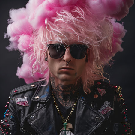 Portrait of young punk man with pink wig and leather jacket.の素材