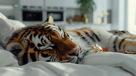 tiger lying on bed with alarm clock and alarm clock in bedroomの素材
