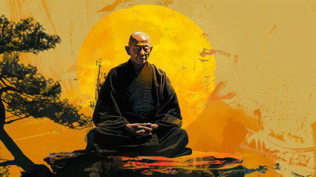 Buddhist monk meditating in the lotus position in front of the moonの素材