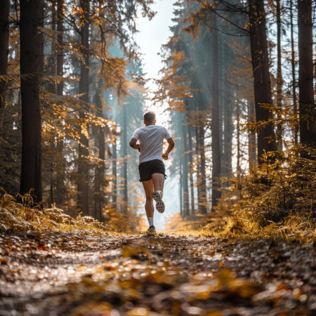 Athletic man jogging in autumn forest. Healthy lifestyleの素材