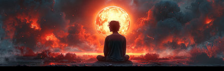 Man meditating on the background of a huge full moon. 3D renderingの素材