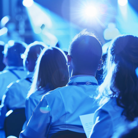 Back view of a group of people sitting and listening to music at a concertの素材