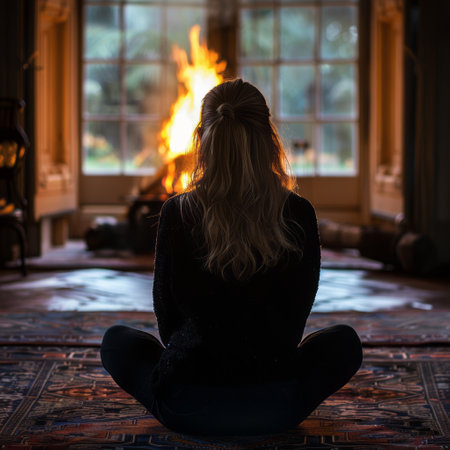 Woman meditating in front of the fireplace at home in the eveningの素材