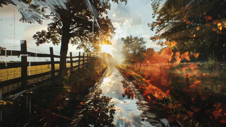 Beautiful sunset in the city. Digital art painting. 3d renderingの素材