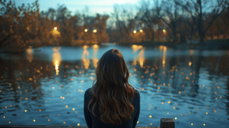 Back view of a young woman sitting on a pier by the lake at sunsetの素材