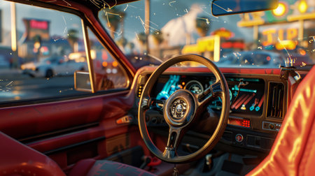 Vintage car interior with a view of the street and traffic.の素材