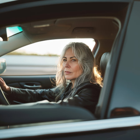 Portrait of a beautiful woman driving a car in the city.の素材