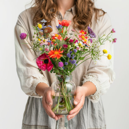 Young woman holding a bouquet of wildflowers in a glass vaseの素材