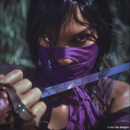 Beautiful asian woman with sword and purple cloth on her faceの素材