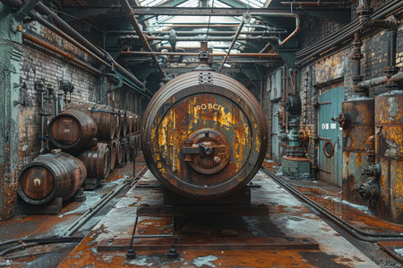 Old factory interior with old wooden barrels. Industrial background. 3d renderingの素材