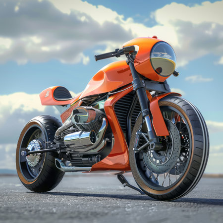 3D rendering of a cool orange custom motorbike on the roadの素材