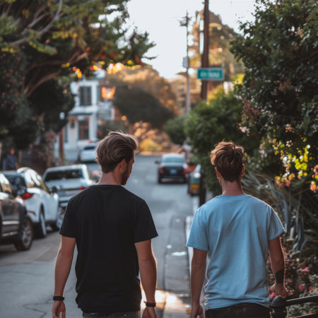 Two teenage boys walking on the streets of Los Angeles, California.の素材