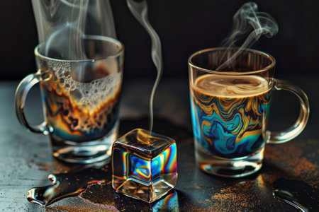 Coffee in a glass cup with ice cubes on a dark backgroundの素材