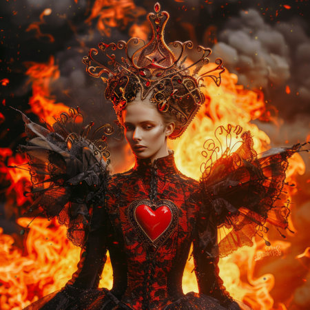 Portrait of a beautiful woman with a crown on her head in the fire.の素材