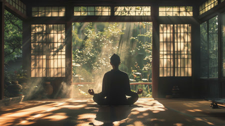 Man meditating in lotus position in the room with sunlight.の素材
