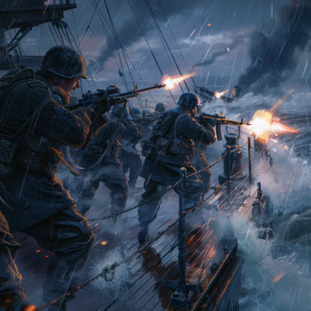 War Concept. Military silhouettes fighting scene on war fog sky background, World War Soldiers Silhouettes Below Cloudy Skyline at sunset. Attack scene. Armored vehicles. Tanks battleの素材
