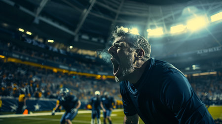 Soccer player screaming on the field with players in the background.の素材