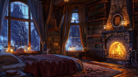 3D rendering of a fairy tale bedroom with a fireplace and a bookcaseの素材