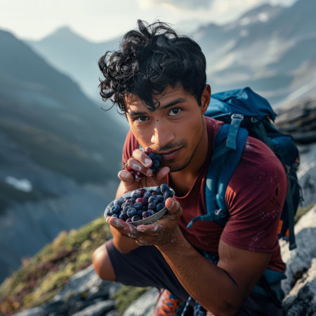 Handsome young man with blueberries on top of a mountainの素材