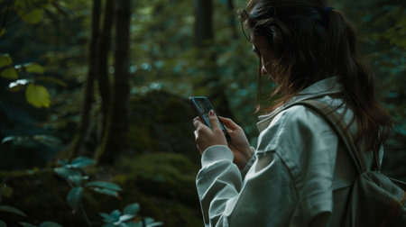 Young woman using smart phone in the forest. Close-up.の素材