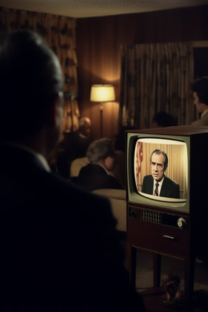 Businessman looking at a television in a hotel room, back viewの素材