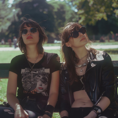 Two young beautiful hipster girls sitting on a bench in the parkの素材