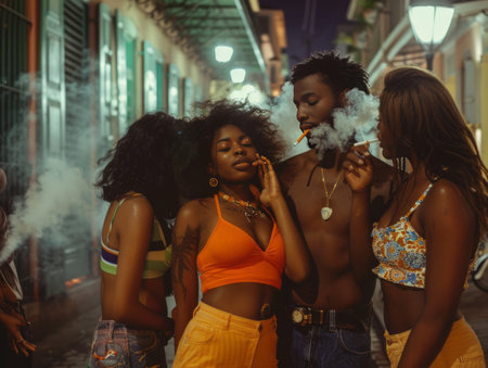 Group of young african american women smoking electronic cigarette in the cityの素材