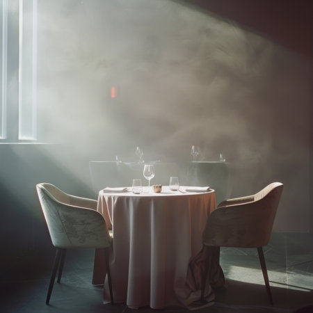 Interior of a restaurant with tables and chairs in the fog.の素材