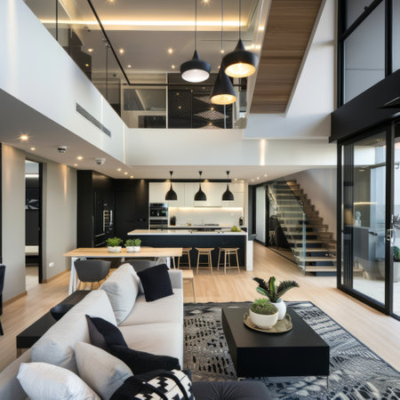 Interior of modern house, living room and kitchen with black and white wallsの素材