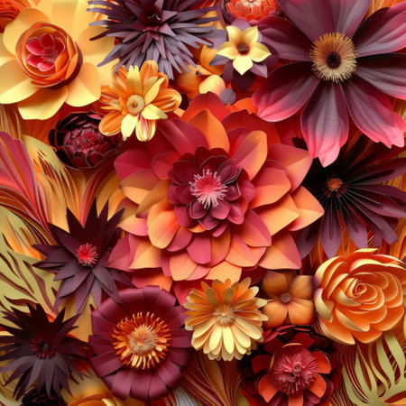 Seamless floral pattern with dahlias in red, orange and yellow colorsの素材
