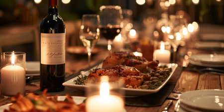 Traditional Christmas table setting with turkey and wine in restaurant, closeupの素材