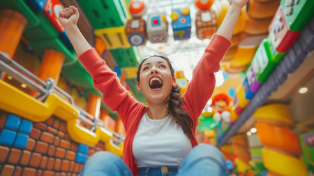 Happy young woman in amusement park having fun. Excited girl with raised hands.の素材