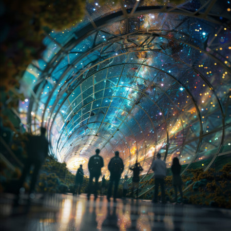 People in a tunnel of the night sky. 3D rendering.の素材