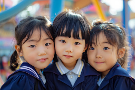 Portrait of three little asian girls in school uniform smiling.の素材