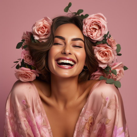 Beautiful young woman with flowers in her hair on pink background.の素材