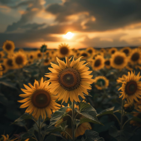 Sunflower field at sunset. Beautiful summer landscape with sunflowers.の素材