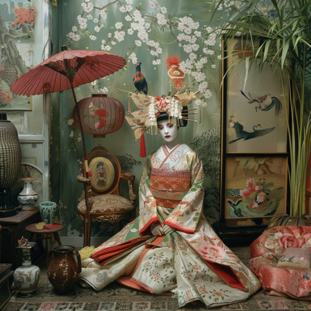 Japanese girl in kimono with umbrella in a Japanese-style roomの素材