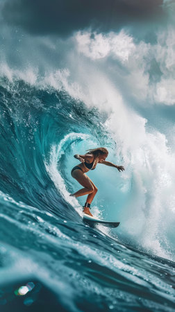 Surfer girl on blue ocean wave. Surfer woman on blue ocean wave.の素材