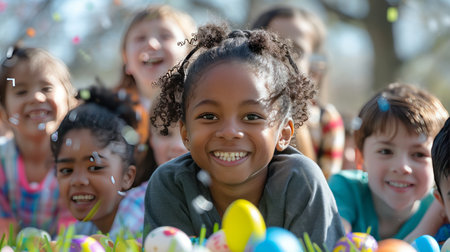 Unidentified children at Easter egg hunt in Krakow. Polandの素材