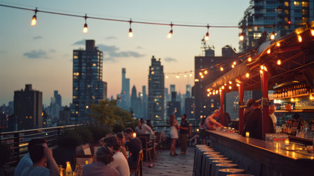 New York City skyline at sunset with people sitting in a row on a rooftop restaurant.の素材
