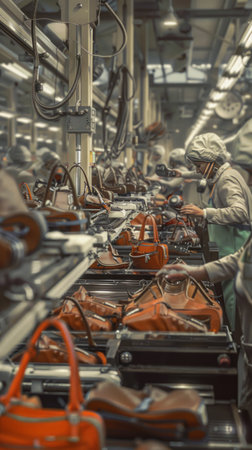 Production line of the shoe factory. Industrial background. Selective focus.の素材