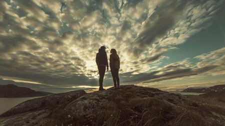 Couple standing on the top of a mountain and looking at the sunsetの素材