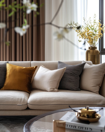 modern living room with brown sofa and golden pillows, 3d renderの素材