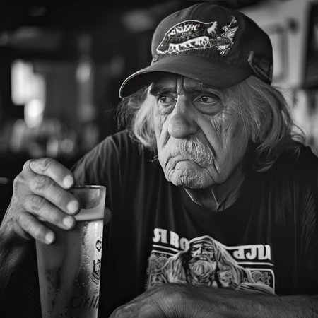 Portrait of an old man with a glass of beer. Black and white.の素材